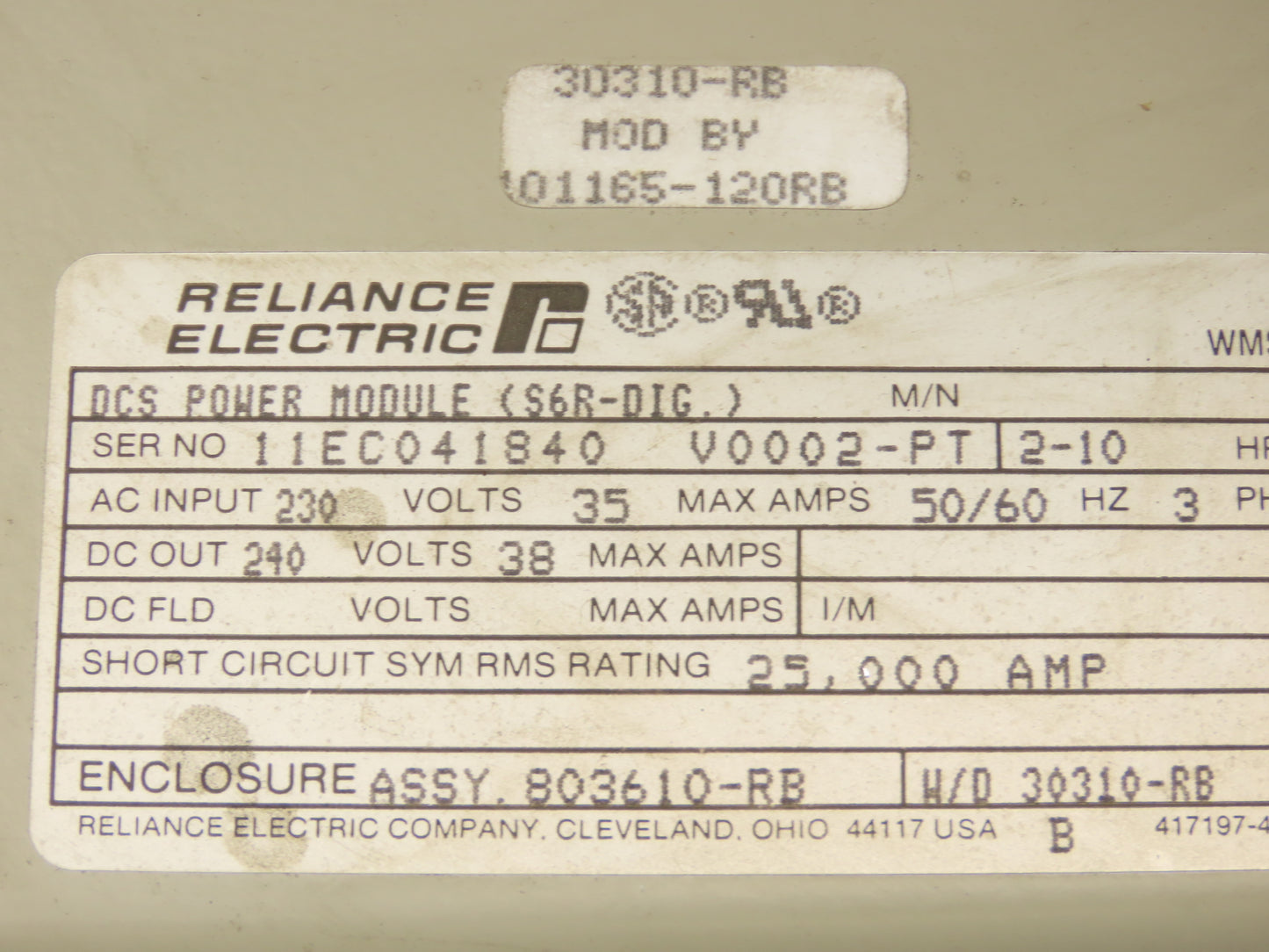 Reliance Electric 803610-RB DC Power Supply Module Drive 230VAC In 240VDC Out