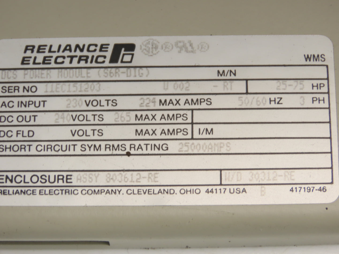 Reliance Electric 803612-RE DC Power Supply Module Drive 230VAC In 240VDC Out