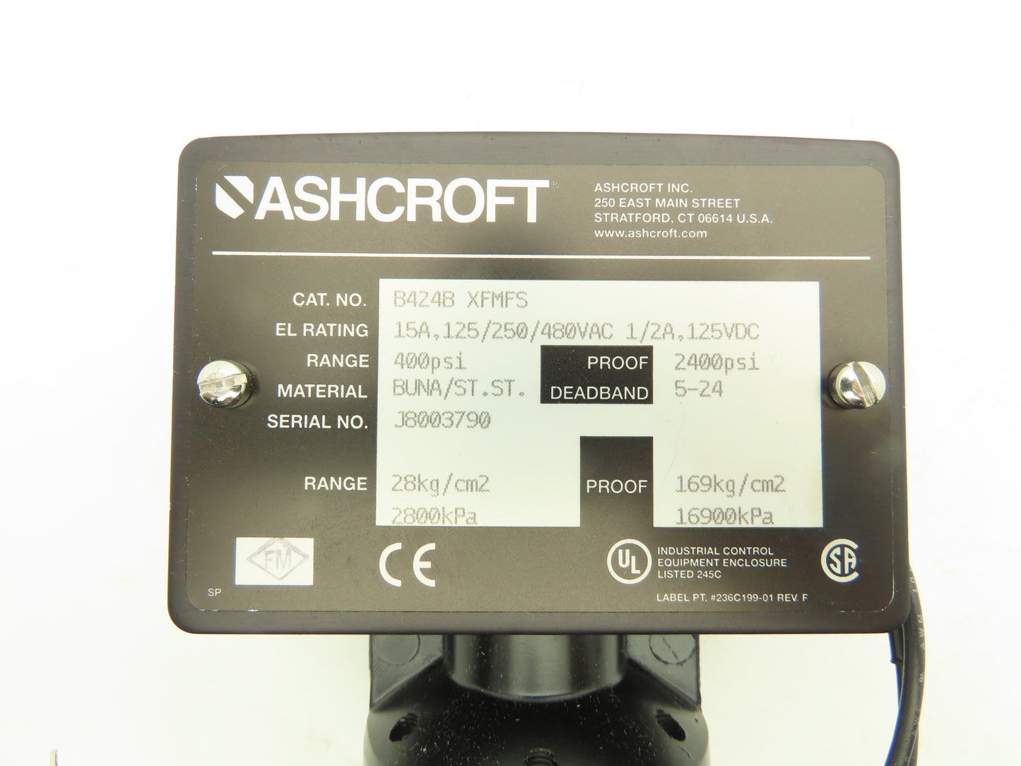 Ashcroft B424B XFMFS Pressure Switch 0-400 PSI 125/250/480VAC Set at 65PSI