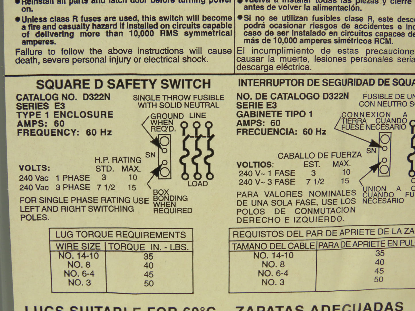 Square D D322N Safety Disconnect Switch 60 Amp 240VAC 3-Pole 4W NEMA Type 1
