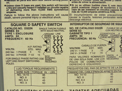 Square D D322N Safety Disconnect Switch 60 Amp 240VAC 3-Pole 4W NEMA Type 1