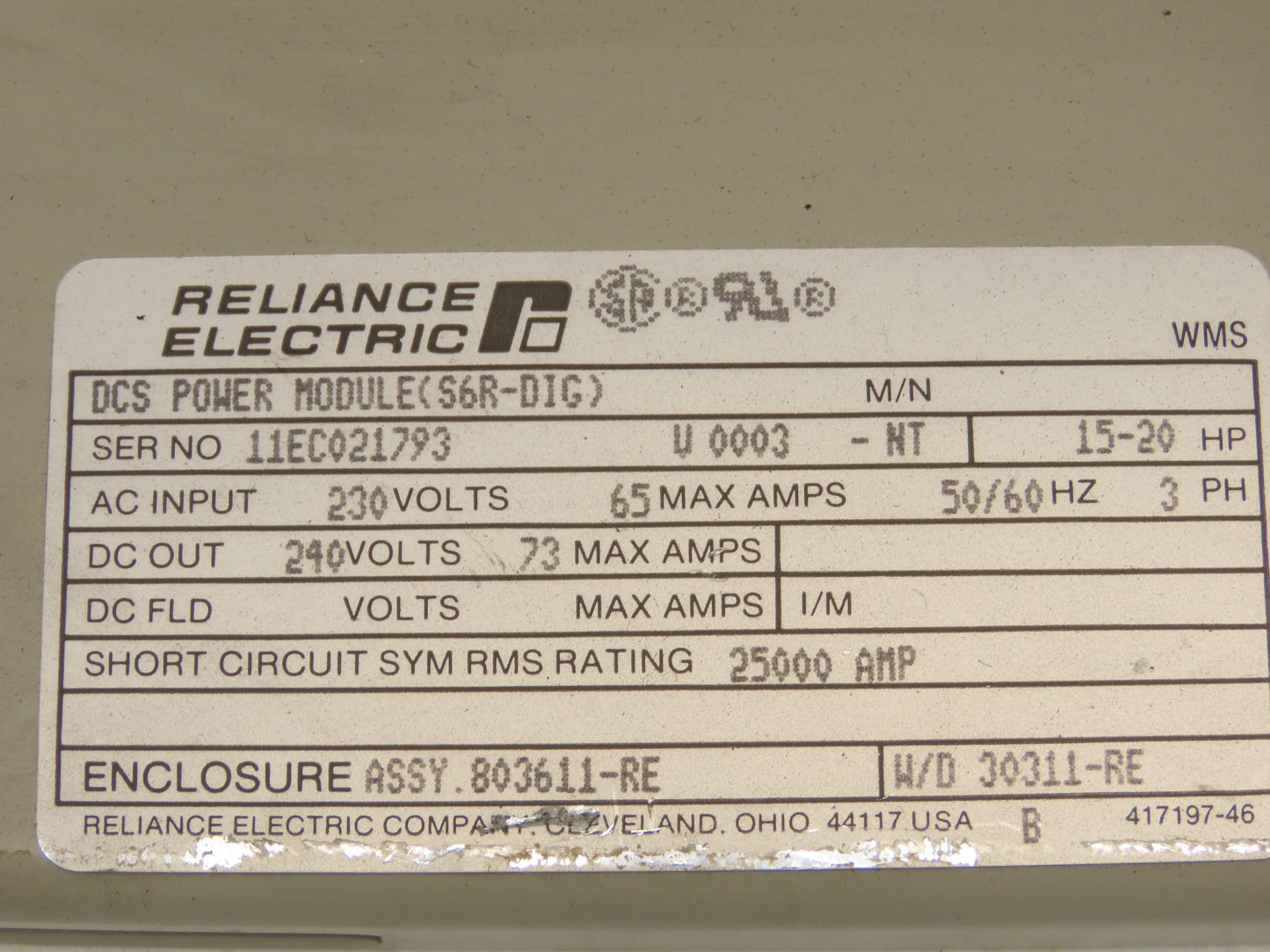 Reliance Electric 803611-RE DC Power Supply Module Drive 230VAC In 240VDC Out