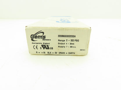 Gems 2200BGG300223DA Pressure Transducer Sensor 0-300psig 4-20mA 7-35VDC
