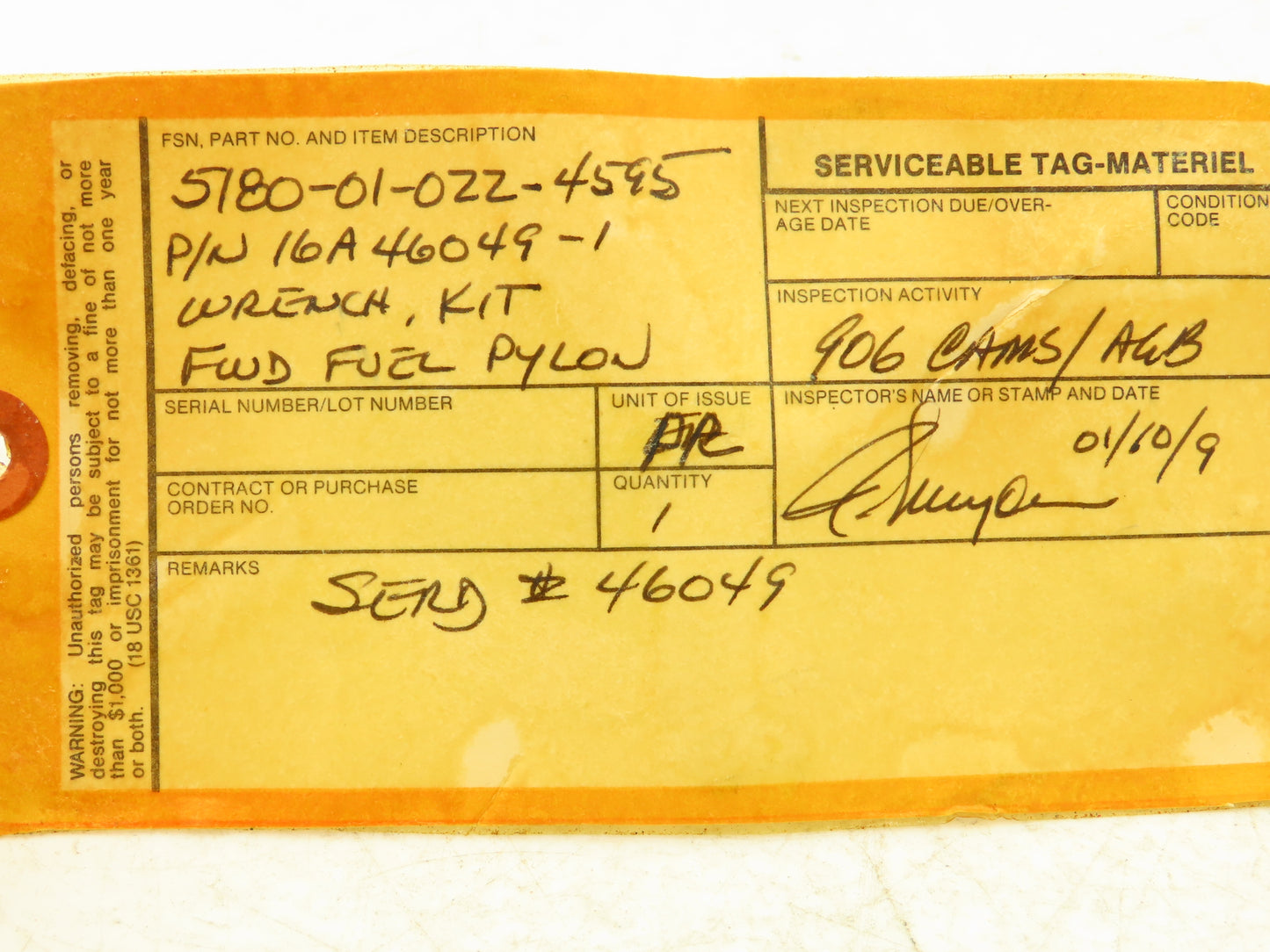 General Dynamics 16A46049-1 Wrench Kit Attach Fitting 1/2" Fuel Pylon Aircraft
