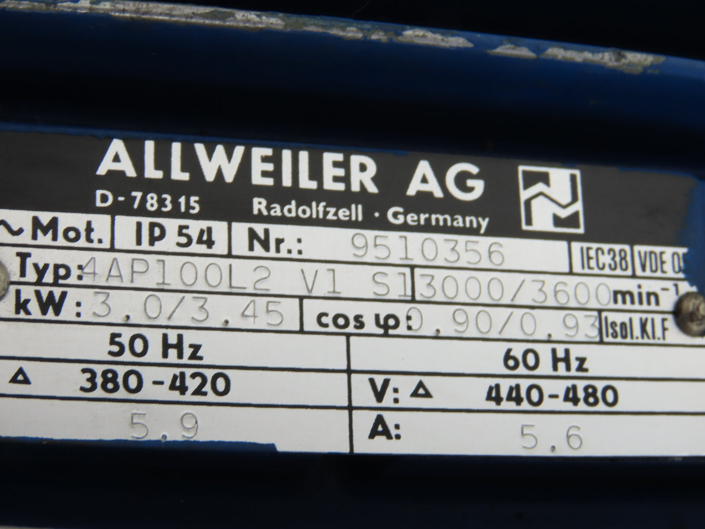 Allweiler 4AP100L2 V1 S1 Metric AC Motor 3.4kw 3600 RPM 480V 3PH 100L Frame