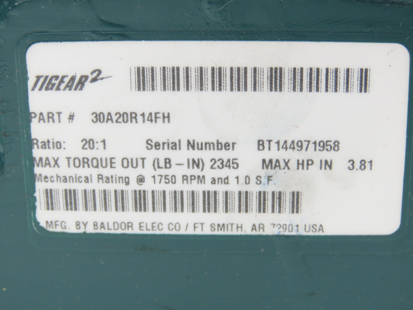 Dodge 30A20R14FH Tigear 2 Worm Gearbox 20:1 Reducer 87rpm 3.8Hp RH 143/145TC