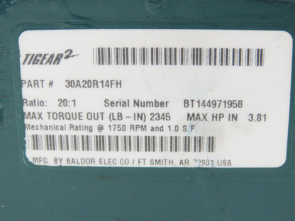 Dodge 30A20R14FH Tigear 2 Worm Gearbox 20:1 Reducer 87rpm 3.8Hp RH 143/145TC