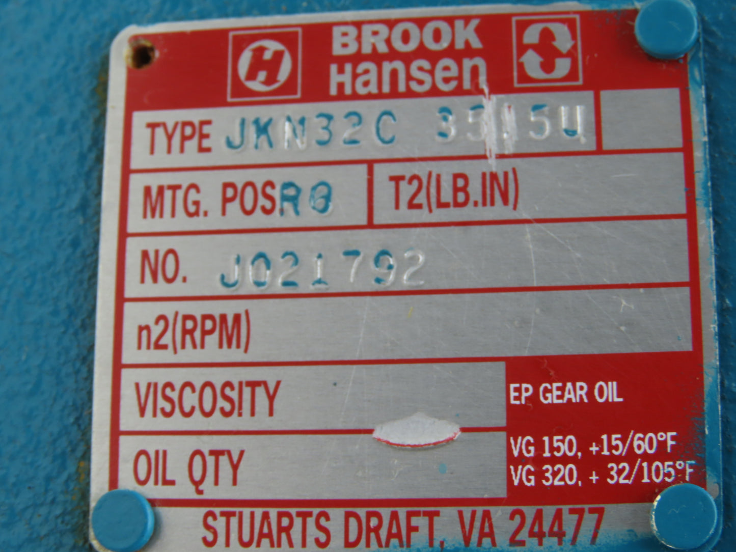 Brook Hansen JKN32C 35.5U Gearbox 35.5:1 Ratio Reducer 49rpm RH 143/145TC