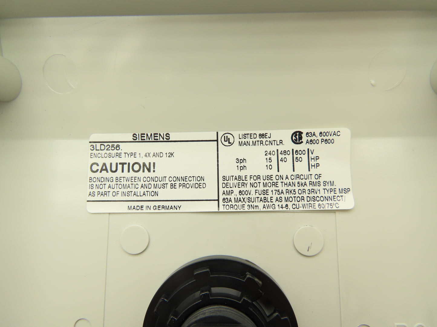 Siemens 3LD2565-1GP51-0US2 Rotary Disconnect Switch 63A 600VAC