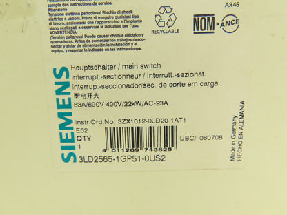 Siemens 3LD2565-1GP51-0US2 Rotary Disconnect Switch 63A 600VAC