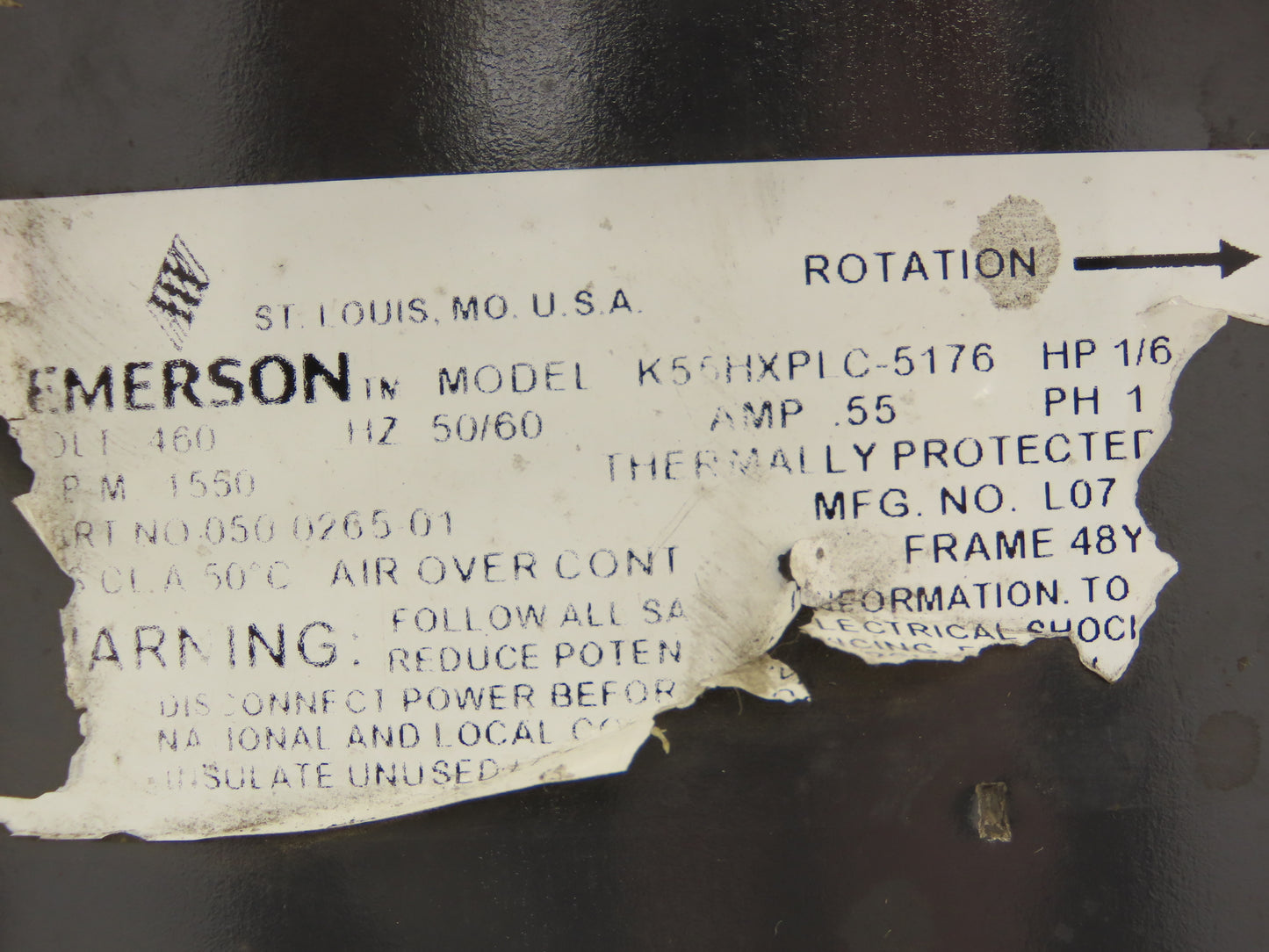 Emerson K55HXPLC-5176 Condenser Fan Air-Over Motor 1/6Hp 1550 RPM 460V 1PH 48Y