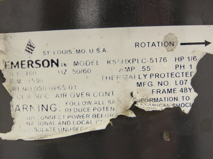 Emerson K55HXPLC-5176 Condenser Fan Air-Over Motor 1/6Hp 1550 RPM 460V 1PH 48Y