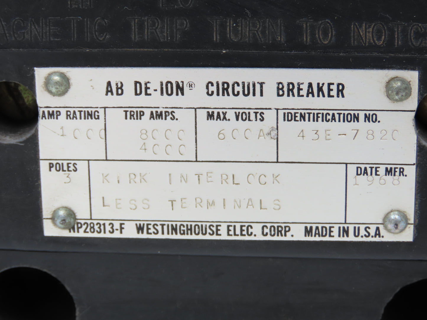 Westinghouse AB De-Ion Circuit Breaker 1000A 3-Pole Shunt 600VAC Mag Trip