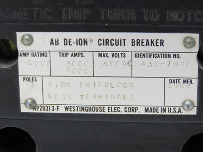 Westinghouse AB De-Ion Circuit Breaker 1000A 3-Pole Shunt 600VAC Mag Trip