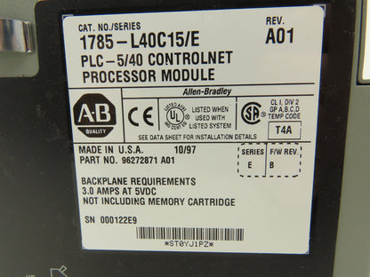 Allen Bradley 1785-L40C15/E PLC-5/40C Processor Module ControlNet Rev A01