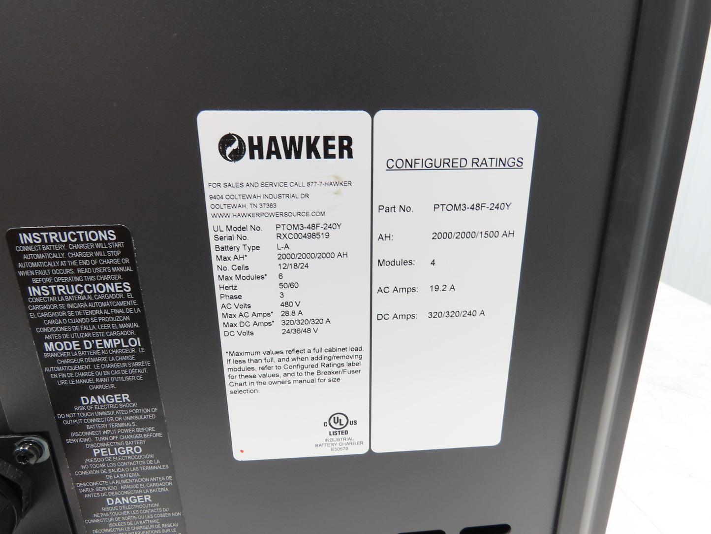 Hawker PTOM3-48F-240Y Forklift Battery Charger 48V 480V 3Ph 2000ah 24/36/48 MOD3