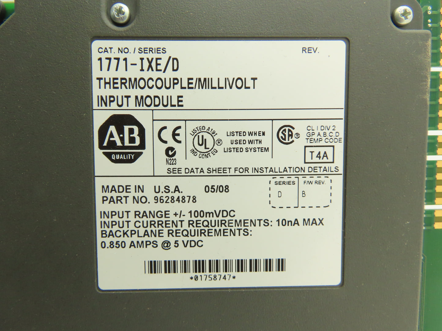 Allen Bradley 1771-IXE/D Thermocouple Millivolt Input Module FW Rev B Ser D