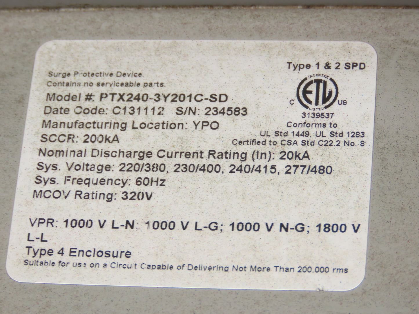 Eaton PTX 240-3Y201C-SD Surge Protector 200KA 220/277/480V 30A Breaker FDC 100K