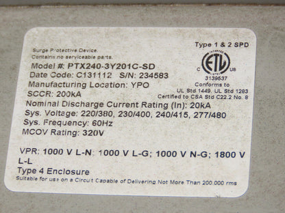 Eaton PTX 240-3Y201C-SD Surge Protector 200KA 220/277/480V 30A Breaker FDC 100K