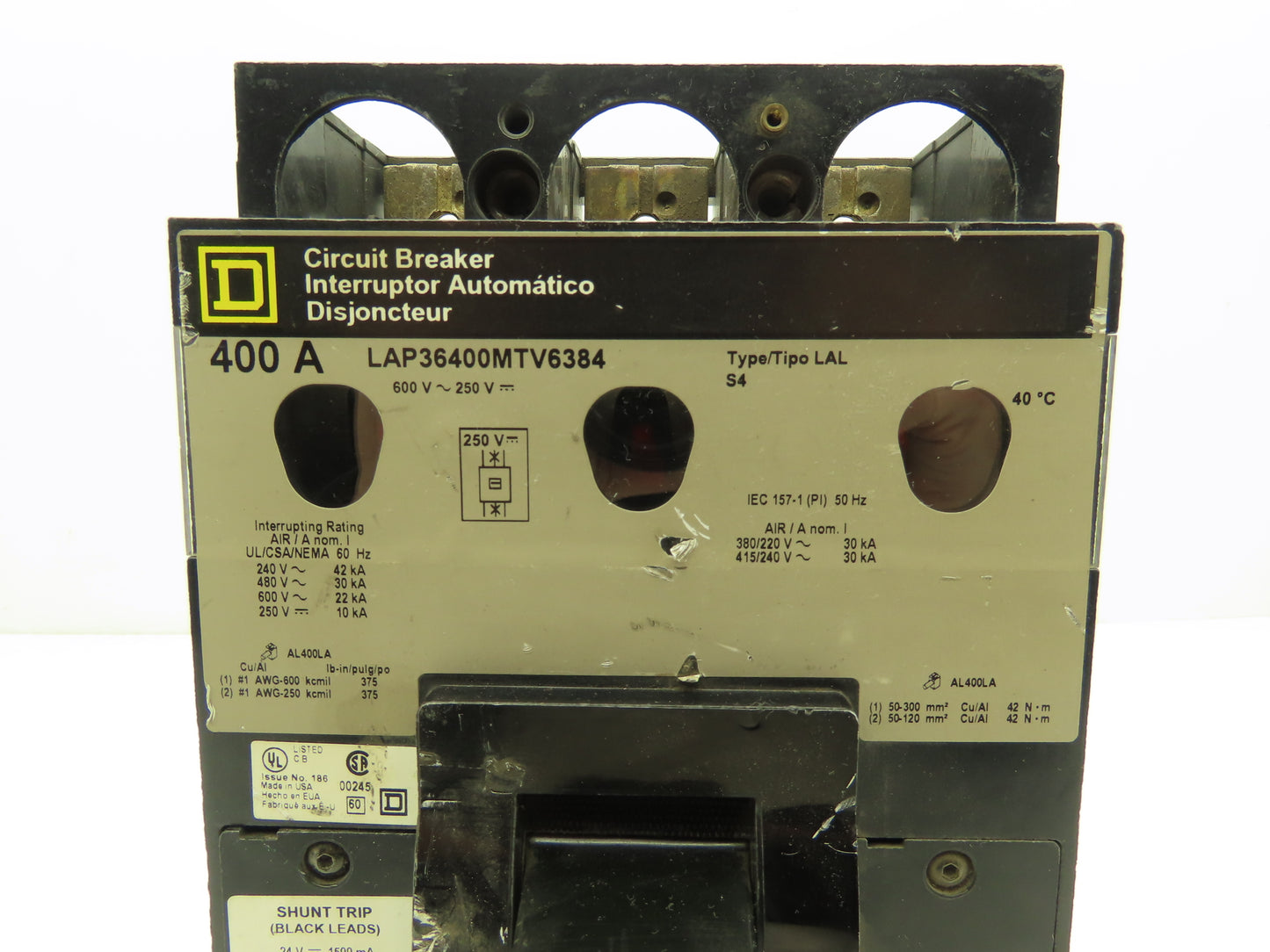 Square D LAP36400MTV6384 Circuit Breaker 3-Pole 400A 600V Shunt Trip Gray Face