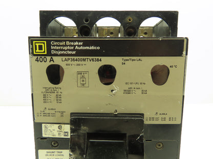 Square D LAP36400MTV6384 Circuit Breaker 3-Pole 400A 600V Shunt Trip Gray Face