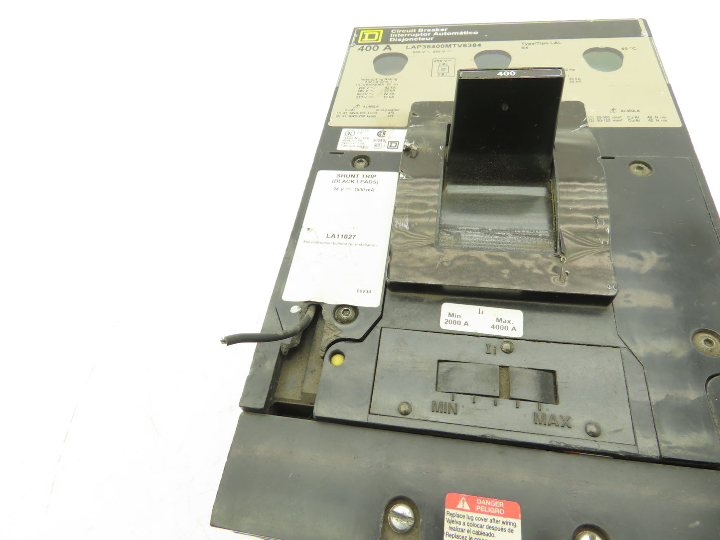 Square D LAP36400MTV6384 Circuit Breaker 3-Pole 400A 600V Shunt Trip Gray Face