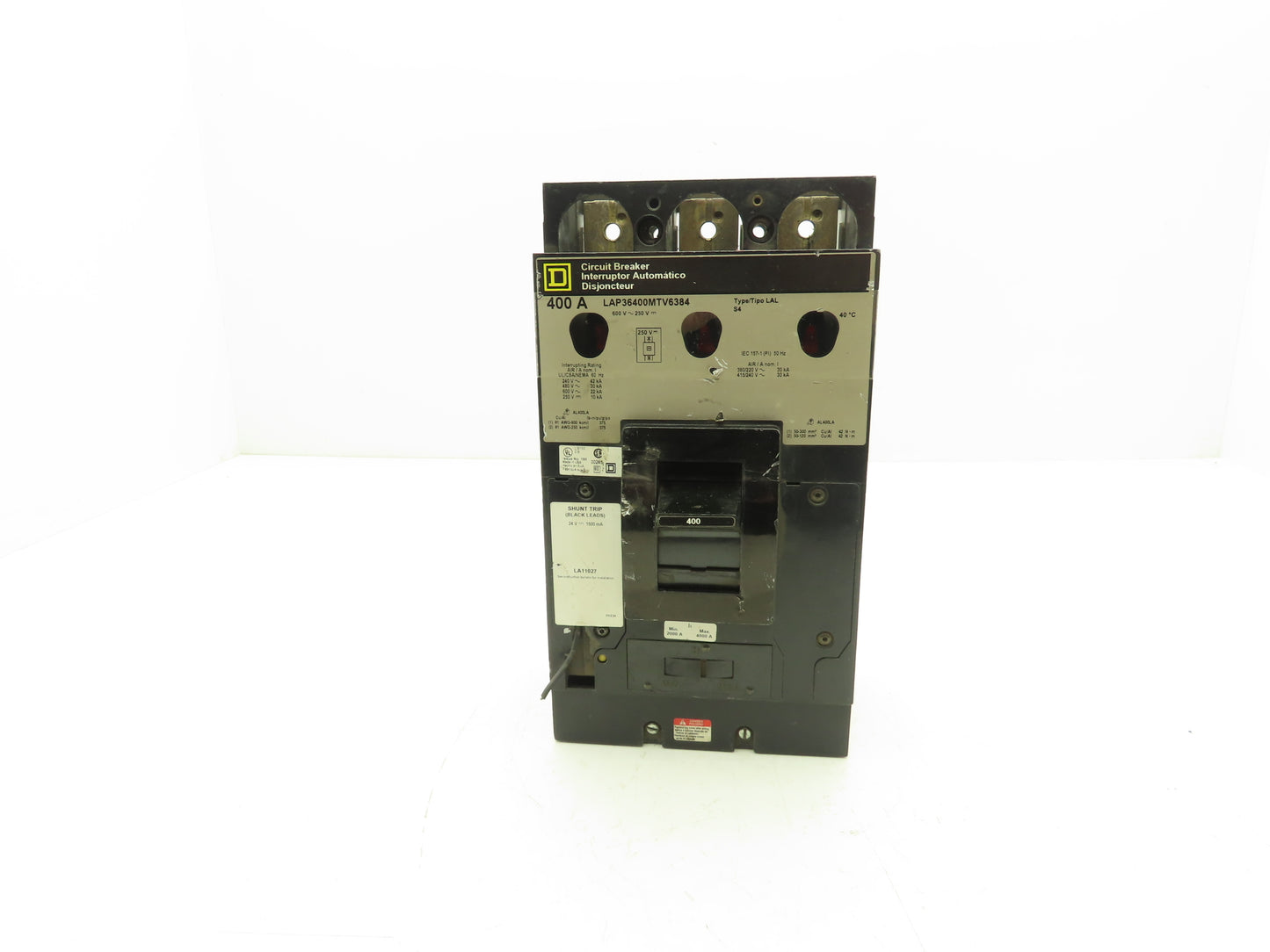 Square D LAP36400MTV6384 Circuit Breaker 3-Pole 400A 600V Shunt Trip Gray Face