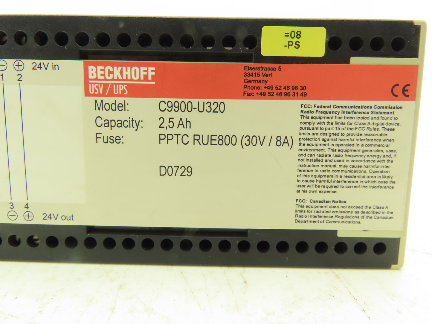 Beckhoff C9900-U320 Uninterruptible Power Supply 2.5 Ah For 24VDC Industrial PC
