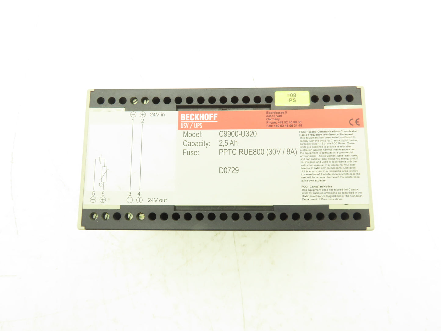 Beckhoff C9900-U320 Uninterruptible Power Supply 2.5 Ah For 24VDC Industrial PC