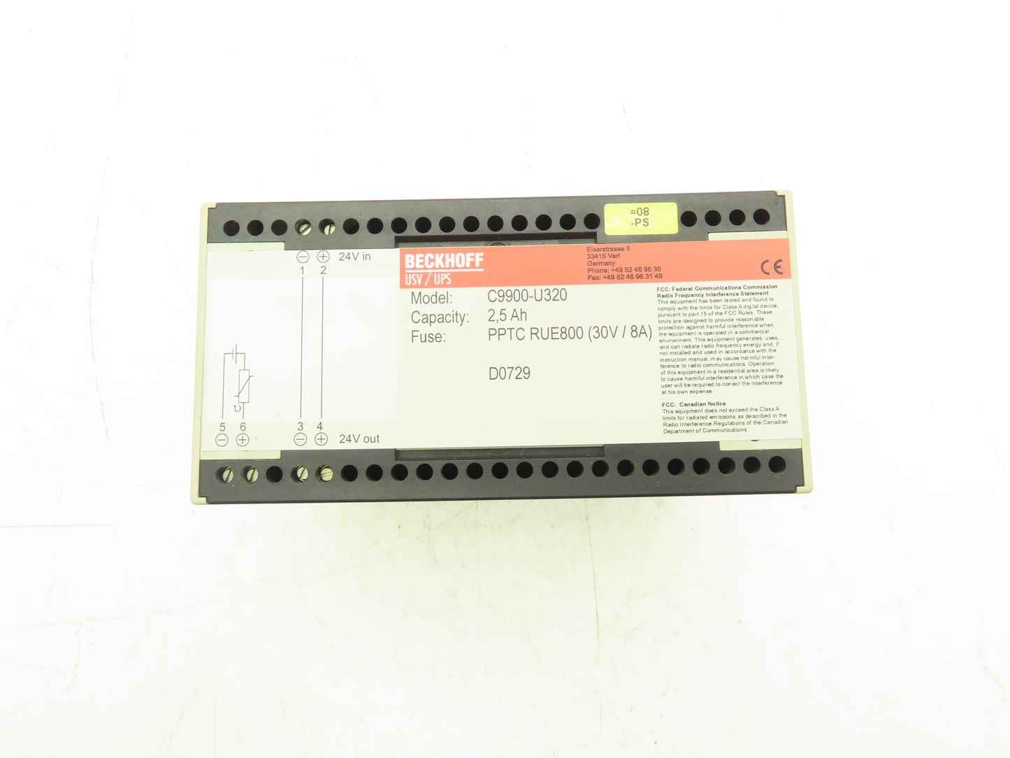 Beckhoff C9900-U320 Uninterruptible Power Supply 2.5 Ah For 24VDC Industrial PC