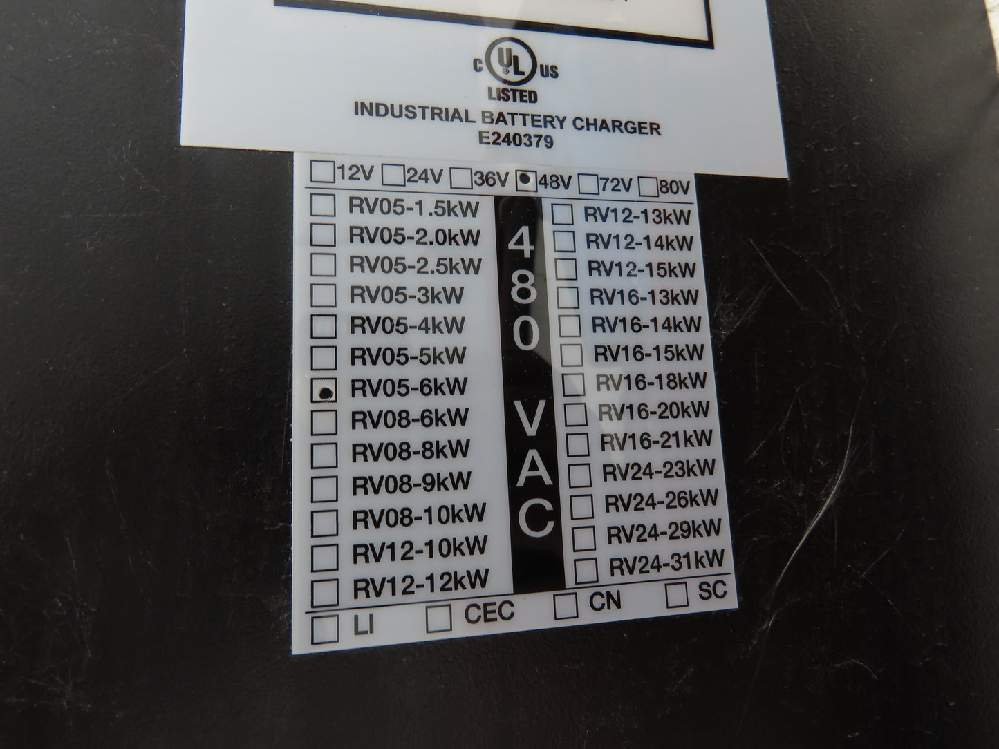 Concentric RV-6.5-125-48V Forklift Battery Charger 48V 2000Ah 125A 480V 3Ph