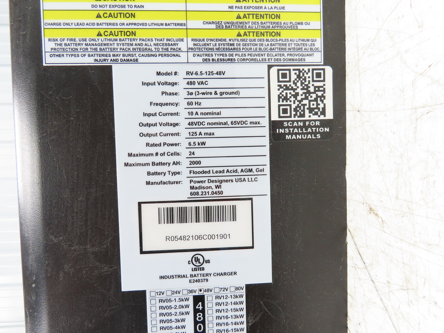 Concentric RV-6.5-125-48V Forklift Battery Charger 48V 2000Ah 125A 480V 3Ph