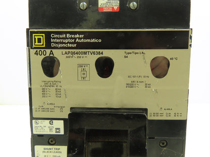 Square D LAP36400MTV6384 Circuit Breaker 3-Pole 400A 600V Shunt Trip Gray Face