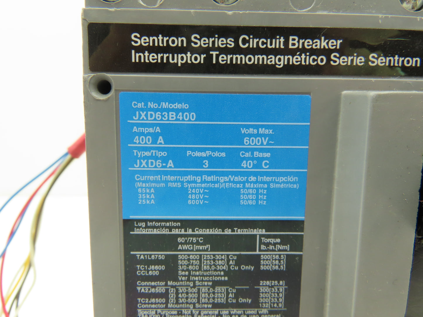 Siemens JXD63B400 Circuit Breaker 400A 3 Pole 3PH 600V Type JXD6-A Magnetic Adj