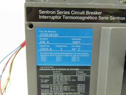 Siemens JXD63B400 Circuit Breaker 400A 3 Pole 3PH 600V Type JXD6-A Magnetic Adj