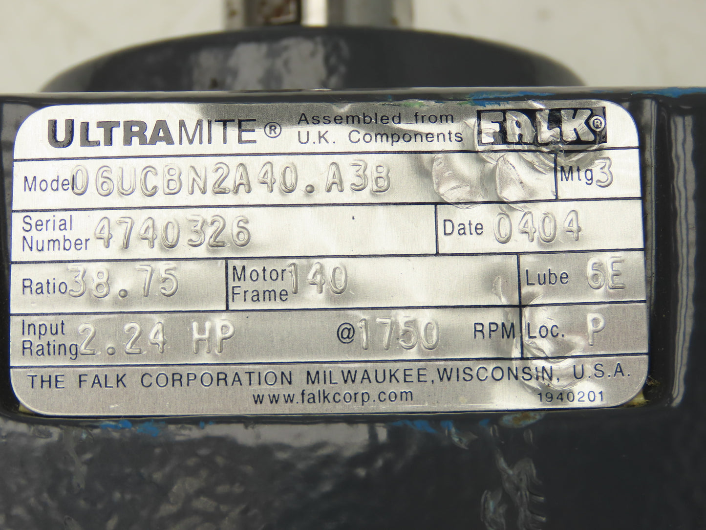 Falk UltraMite 06UCBN2A40.A3B Inline Gearbox 38.75 Ratio 45rpm 2.24Hp 140TC