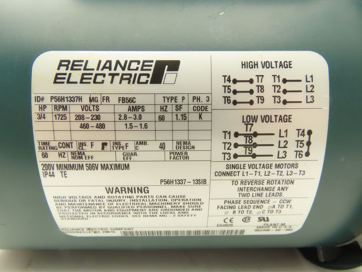 Reliance Electric P56H1337H AC Motor 3/4Hp 1725 RPM 230/460V 3PH 56C 5/8"Shaft