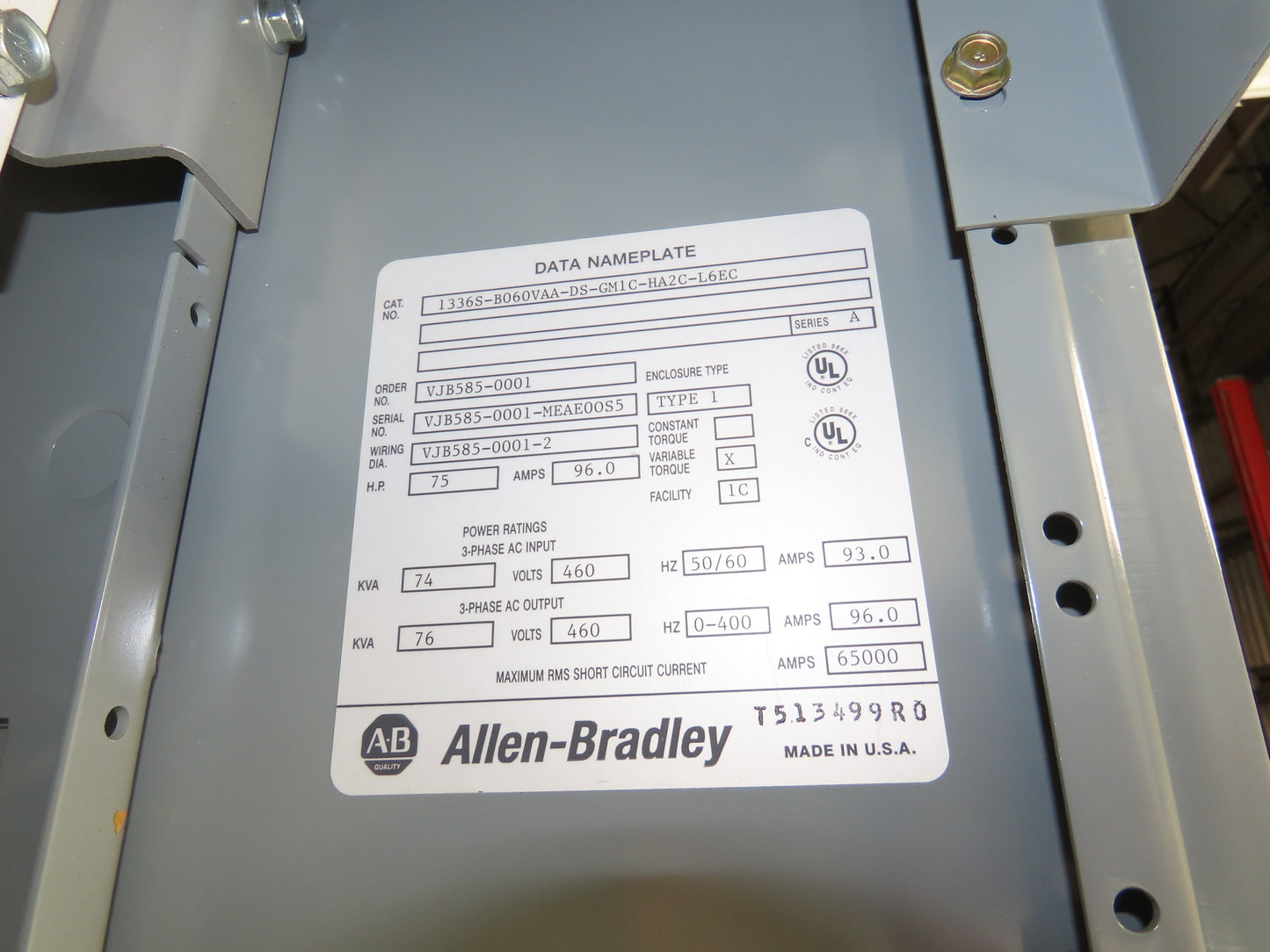 Allen Bradley 1336SB060VAADSGM1CHA2CL6EC AC Drive VFD 75Hp 76kva 460V Enclosure