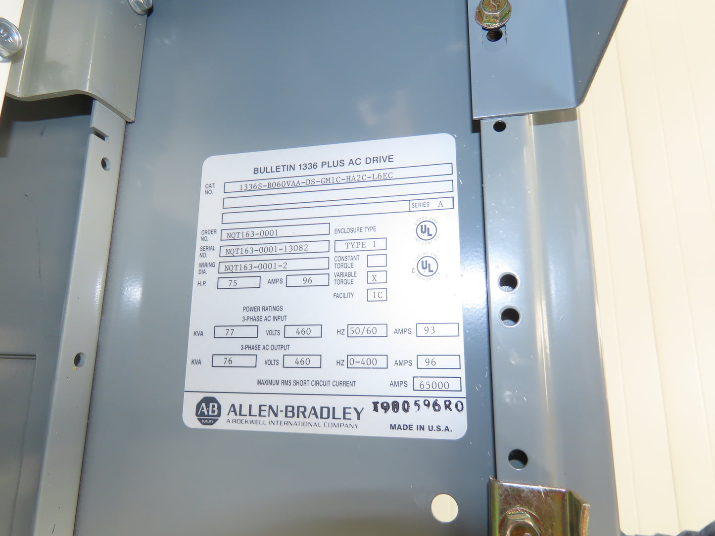 Allen Bradley 1336SB060VAADSGM1CHA2CL6EC AC Drive VFD 75Hp 76kva 460V Enclosure