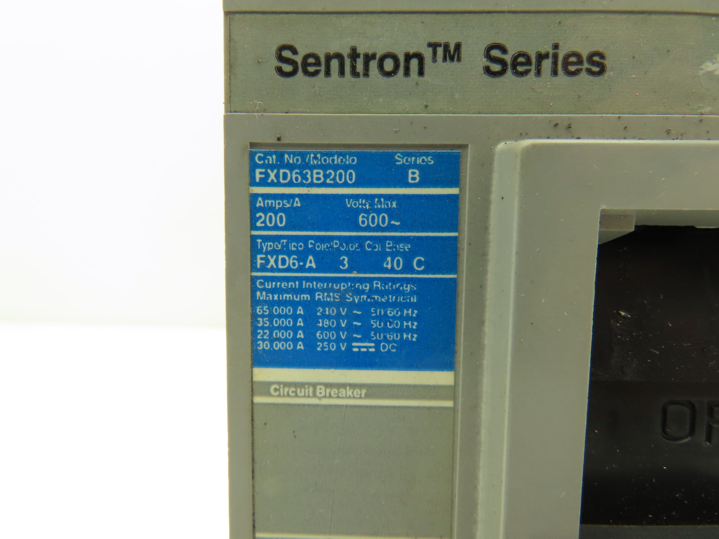 Siemens FXD63B200 Sentron Circuit Breaker 200A 3 Pole 600V FXD6-A Magnetic Adj