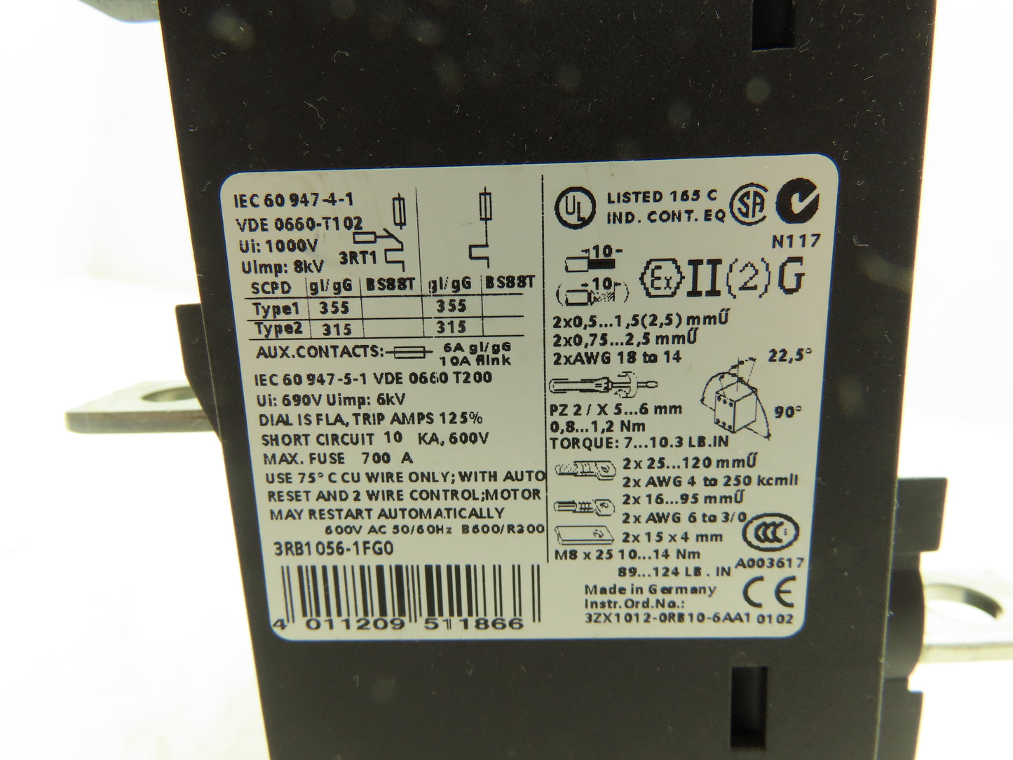 Siemens 3RB1056-1FG0 Solid-State Motor Protection Overload Relay 50-200A Size S6