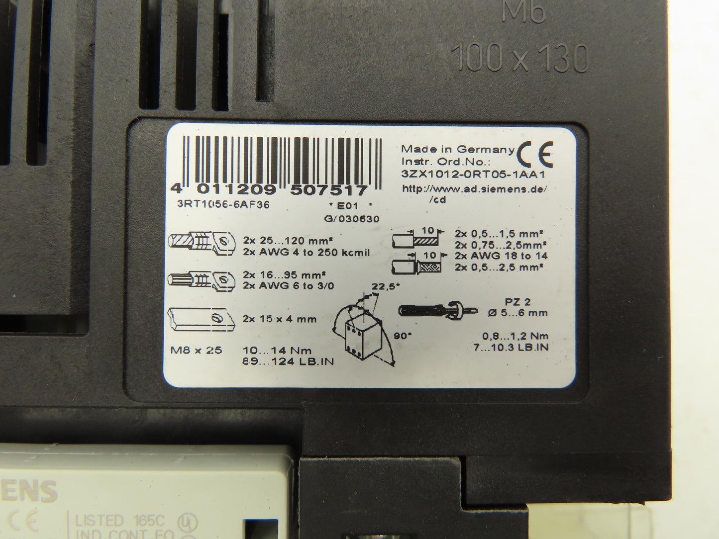 Siemens 3RT1056-6AF36 Motor Starter Contactor 185A 400VAC 120V Coil 3P 2NO+2NC
