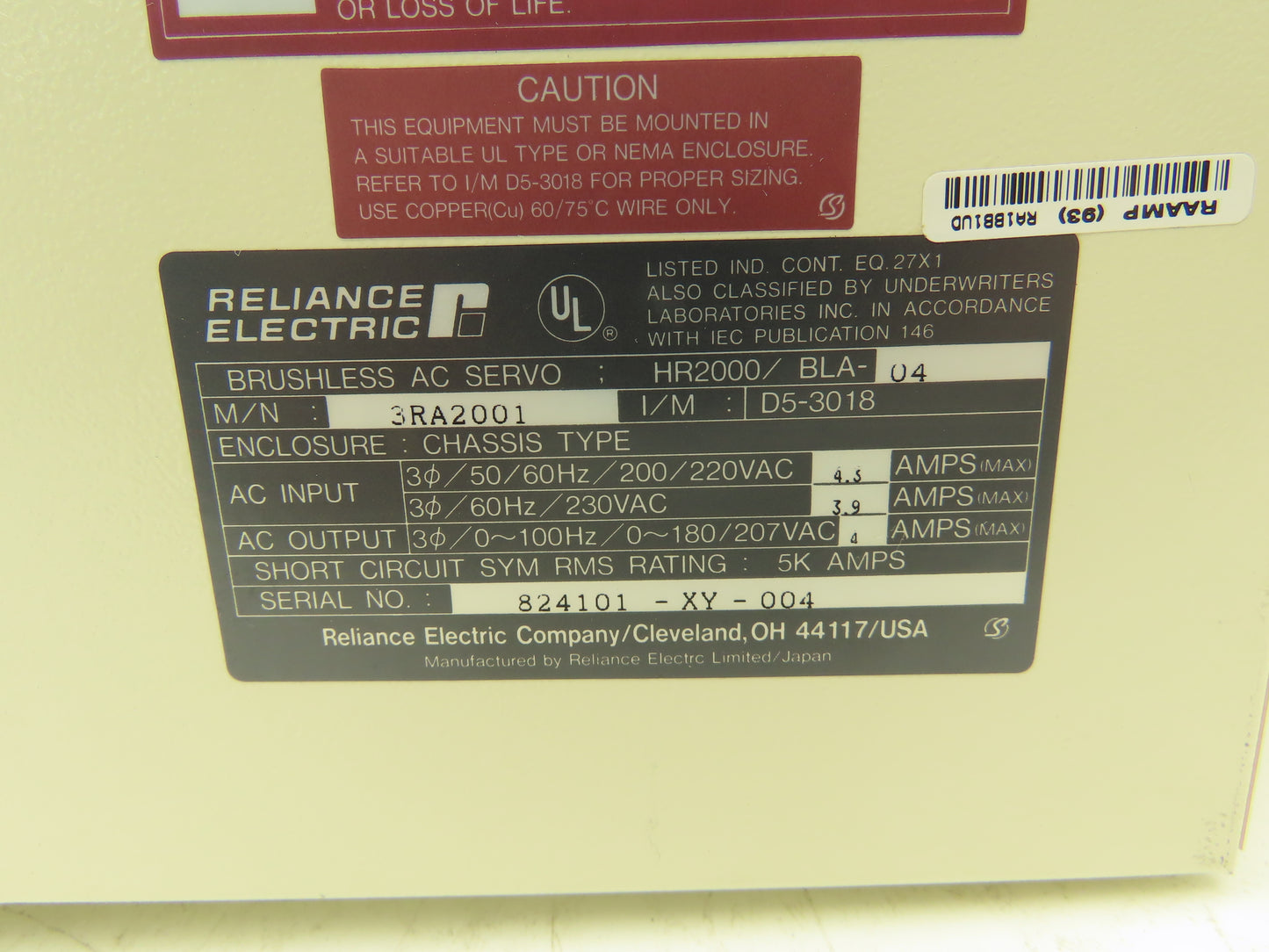 Reliance Electric 3RA2001 Brushless AC Servo Drive 230VAC HR2000/BLA-04