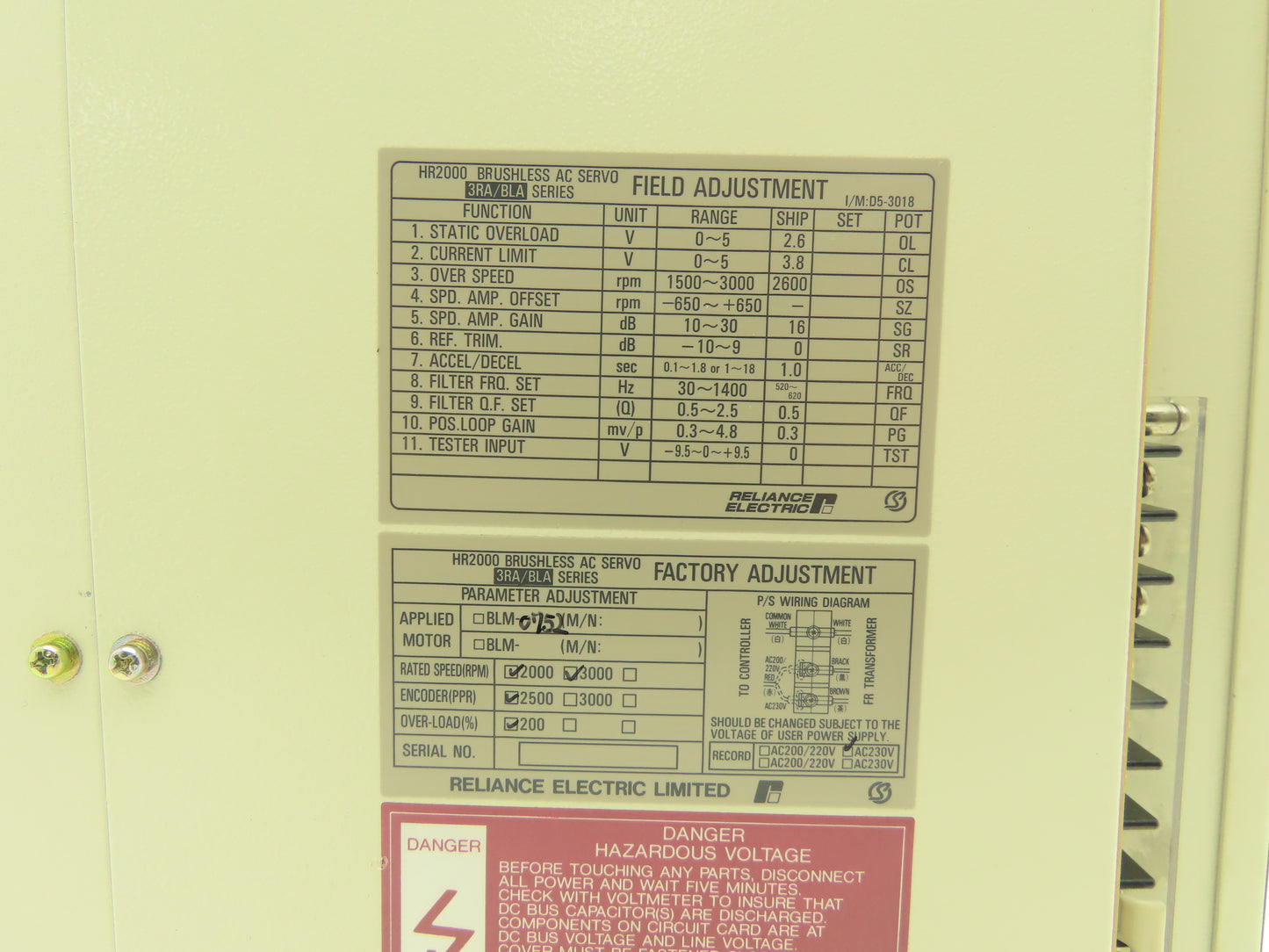 Reliance Electric 3RA2001 Brushless AC Servo Drive 230VAC HR2000/BLA-04