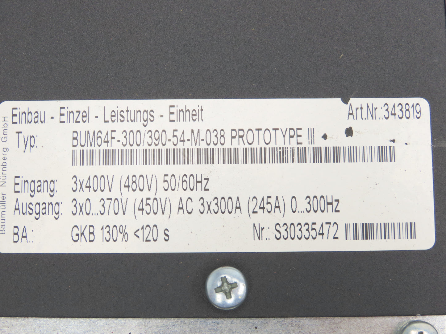 Baumuller BUM64F-300/390-54-M-038 PROTOTYPE III Power Unit With Control 400V 3Ph