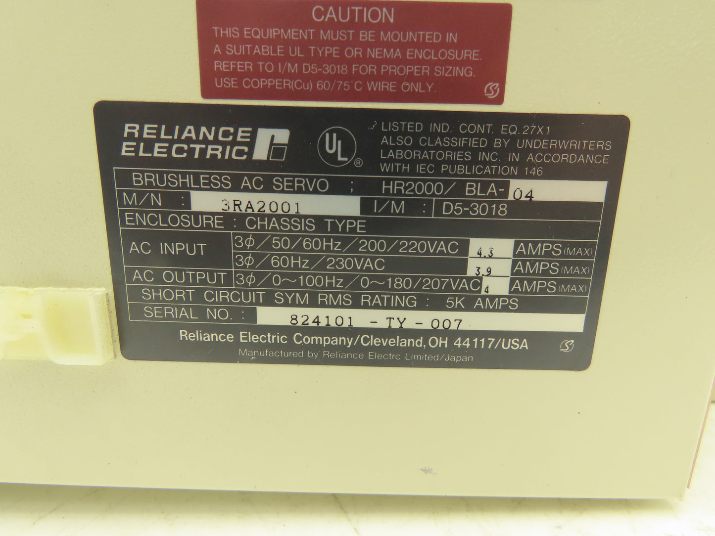 Reliance Electric 3RA2001 Brushless AC Servo Drive 230VAC HR2000/BLA-04