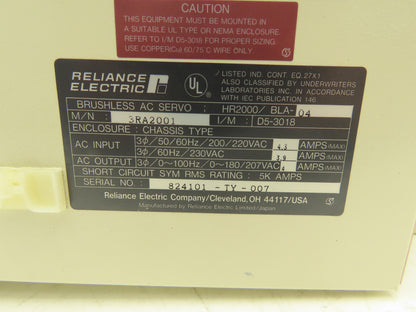 Reliance Electric 3RA2001 Brushless AC Servo Drive 230VAC HR2000/BLA-04