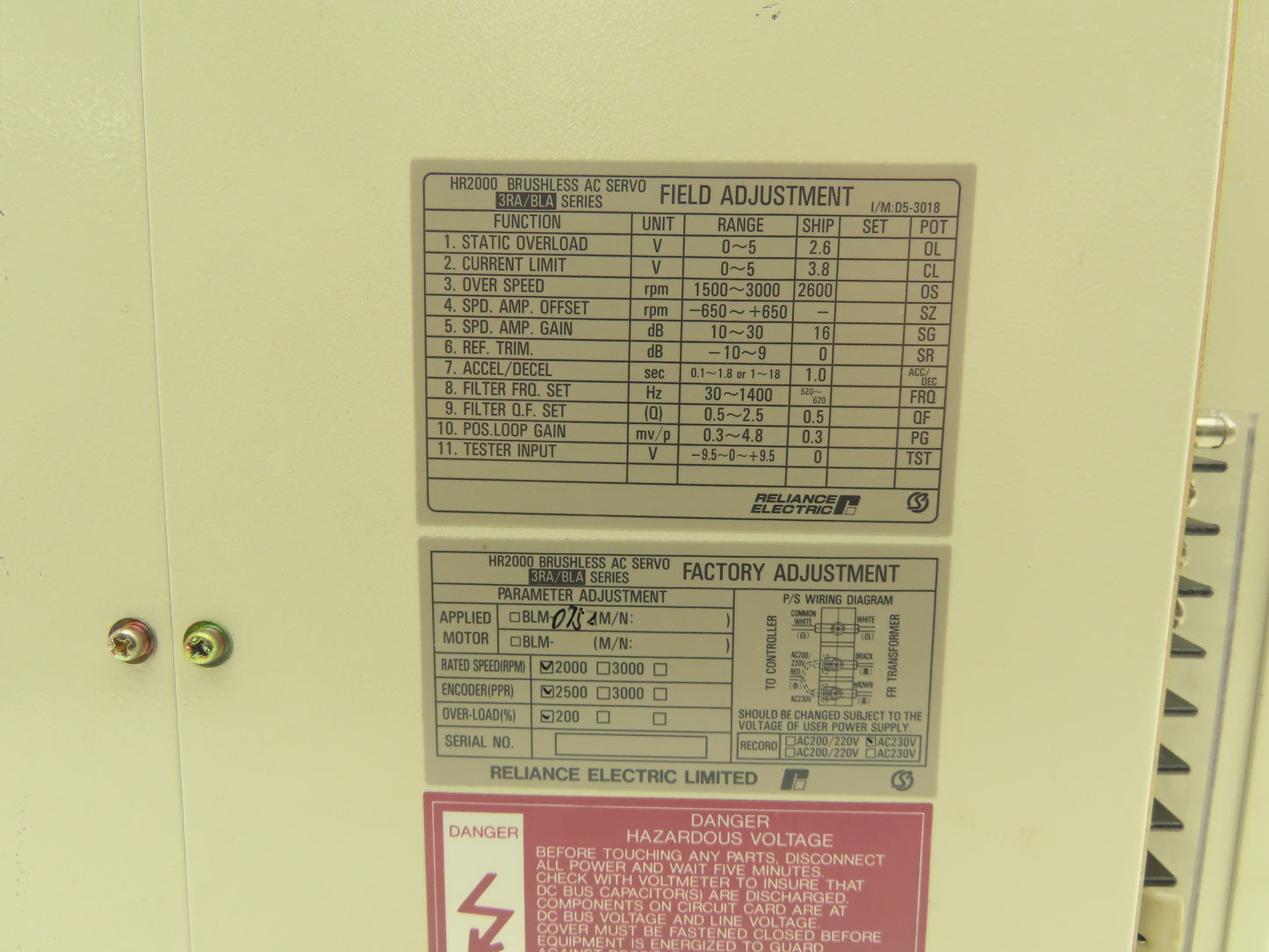 Reliance Electric 3RA2001 Brushless AC Servo Drive 230VAC HR2000/BLA-04