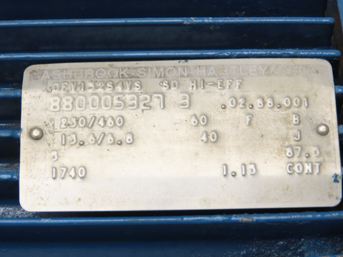 Ashbrook Simon Hartley DFV13284V8  8D AC Motor 5 Hp 3Ph 1740RPM 230/480