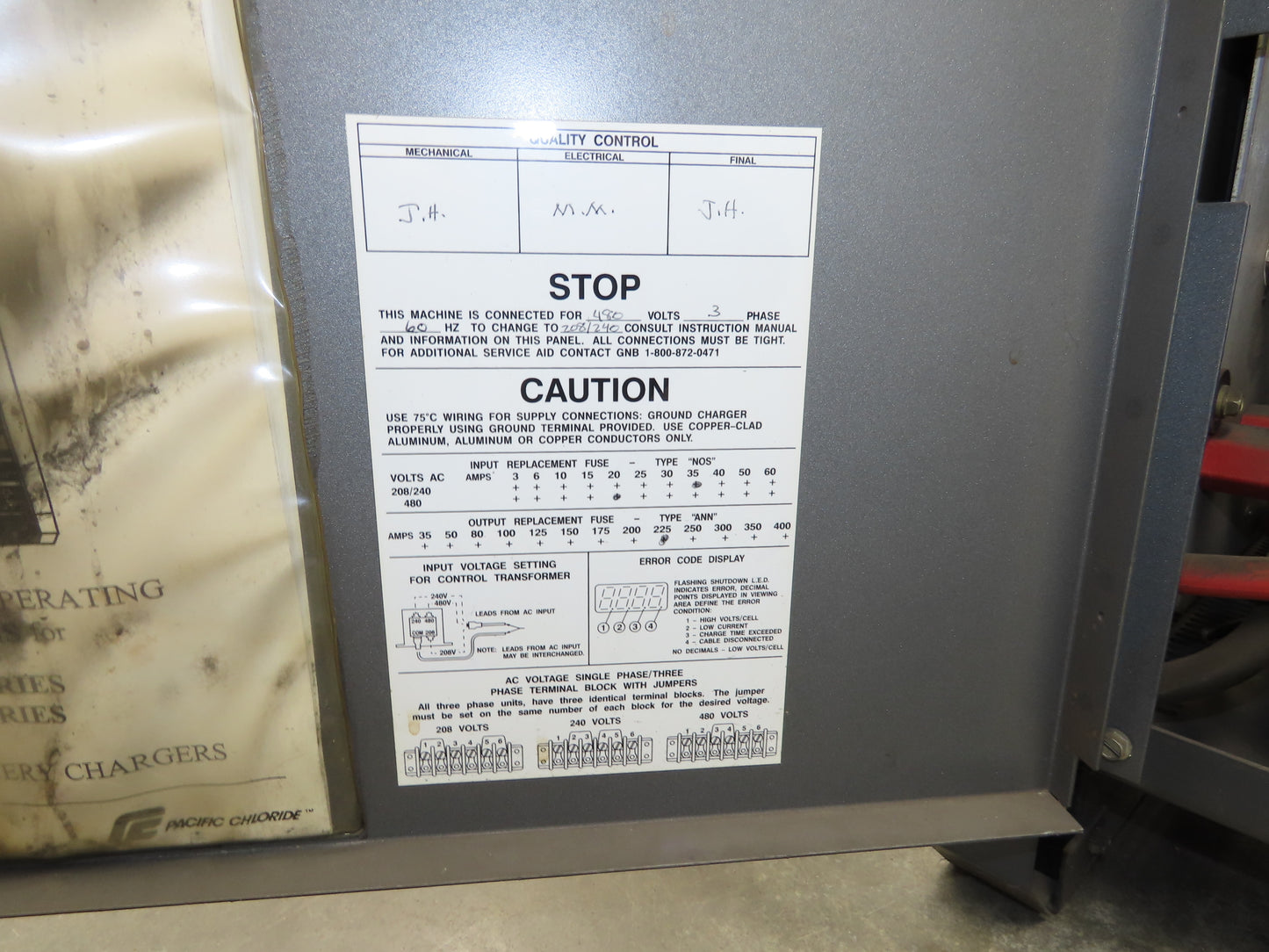 GNB FER100 24-750 T1 Forklift Battery Charger 48V 750Ah 105A 208/240/480V 3Ph